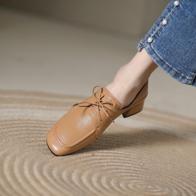 New Lace-Up Lambskin Low Heel Square Toe Loafers