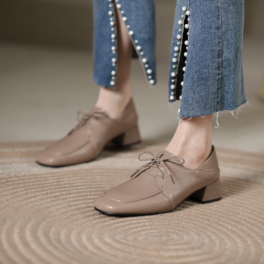 New Lace-Up Lambskin Low Heel Square Toe Loafers